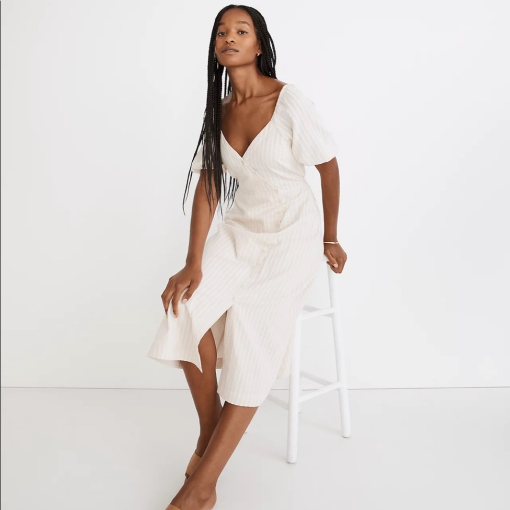 Madewell puff sleeve wrap midi dress/undyed stripe